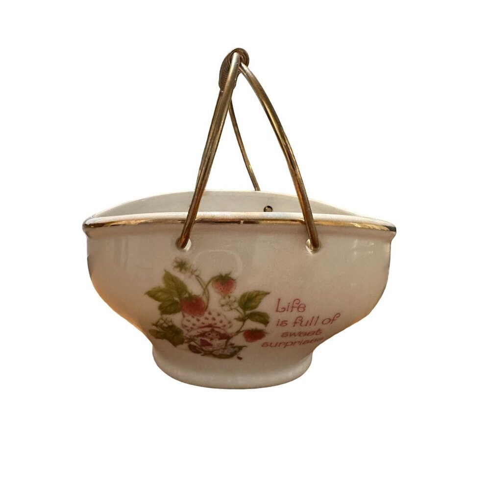 Vintage Ceramic Basket With Gold Handle & Strawberry Shortcake Design